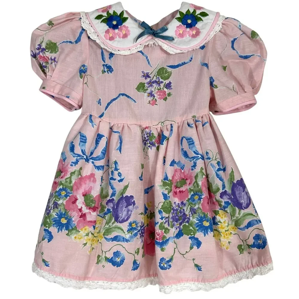 Vintage Pink Floral Dainty Embroidered Peter Pan Collar Baby Dress